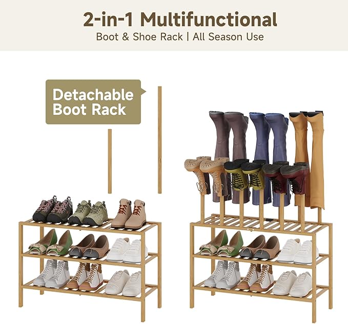 Boot Rack for Tall Boots Organizer,3-Tier Multiuse Shoe Rack and Boot Storage Rack,for Tall Boots,Sneakers,High-Heel (Natrual, 3-Tier)