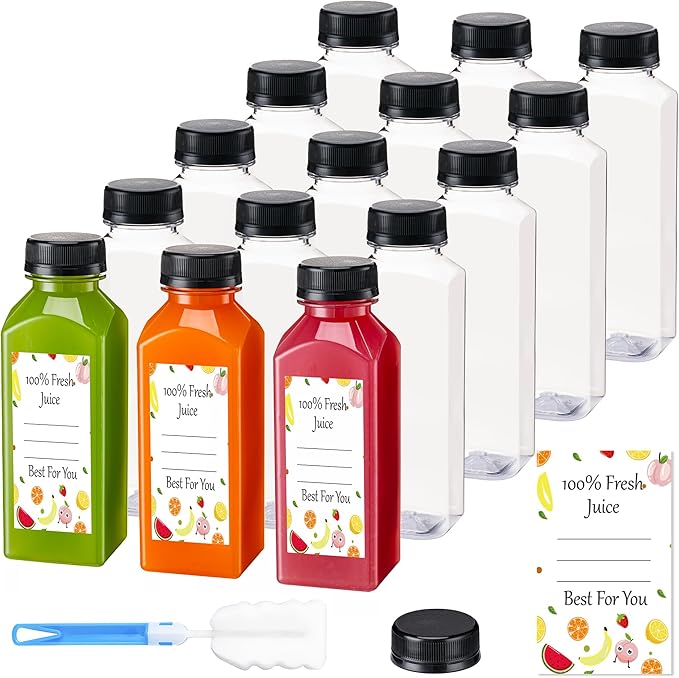 BOOMIBOO Juice Bottles with Caps 15Pcs 12oz, Plastic Bottles with Caps, Clear Reusable Water Bottle, Used for Juice Containers - with 15Pcs Labels & Bottle Brush