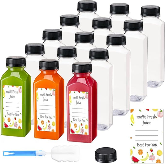 BOOMIBOO Juice Bottles with Caps 15Pcs 12oz, Plastic Bottles with Caps, Clear Reusable Water Bottle, Used for Juice Containers - with 15Pcs Labels & Bottle Brush