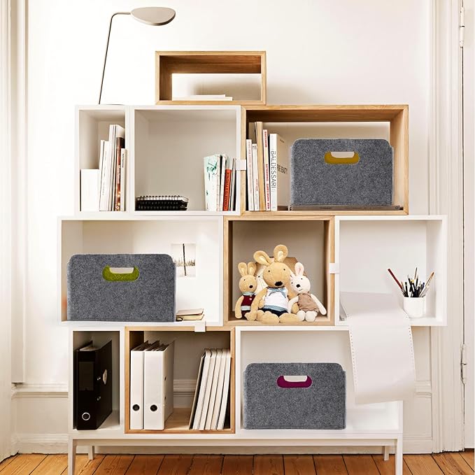 Welaxy Collapsible Felt Storage Baskets, Foldable Shelf Bins for Toys, Clothes, Books & Closet Organization (Curry +Moss green + Wild berry)