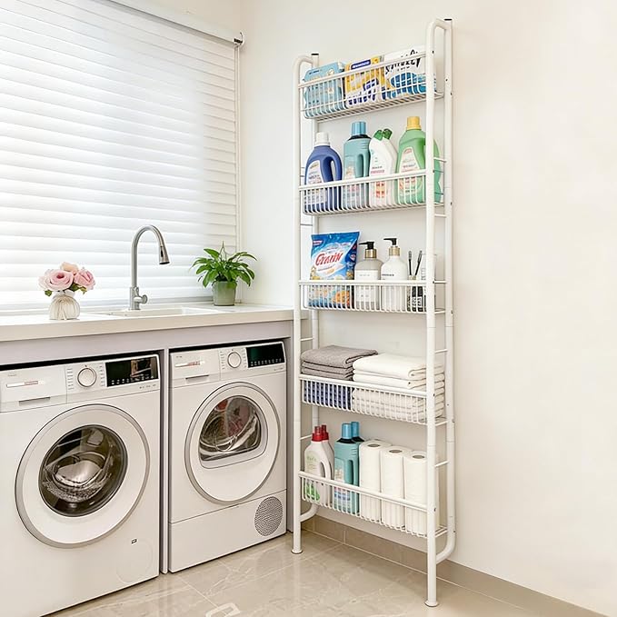 Saiveina Behind The Door Storage 5 Tiers Behind Door Shelf, Space-Saving Bathroom Door Shelf, Metal Shelf for Kitchen Bathroom Living Room, Off-White