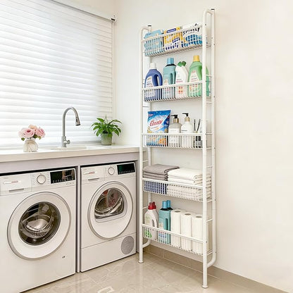 Saiveina Behind The Door Storage 5 Tiers Behind Door Shelf, Space-Saving Bathroom Door Shelf, Metal Shelf for Kitchen Bathroom Living Room, Off-White
