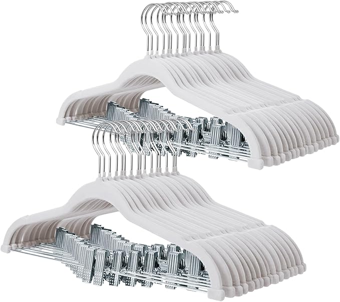ManGotree Pants Hangers with Movable Clips, Non-Slip Velvet Skirt Hangers, Space-Saving Clothes Hangers for Pants, Skirts, Shirts, Coats, Dresses (32 Pack, White)