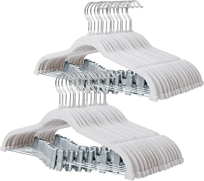 ManGotree Pants Hangers with Movable Clips, Non-Slip Velvet Skirt Hangers, Space-Saving Clothes Hangers for Pants, Skirts, Shirts, Coats, Dresses (32 Pack, White)