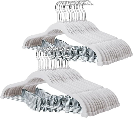 ManGotree Pants Hangers with Movable Clips, Non-Slip Velvet Skirt Hangers, Space-Saving Clothes Hangers for Pants, Skirts, Shirts, Coats, Dresses (32 Pack, White)