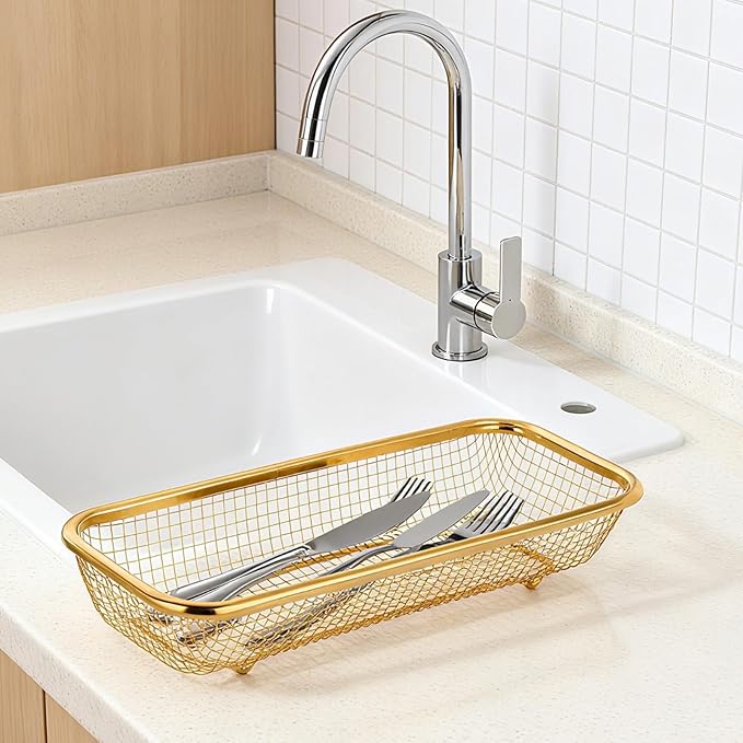 Golden Utensil Holder Wire Basket, 4 Pcs Stainless Steel Dishwasher Baskets, Gold Kitchen Organizers for Pantry, Drawer Bins, Stackable Wire Design, Rustproof Utensil Holder, 12.2×4.96×2.13inch