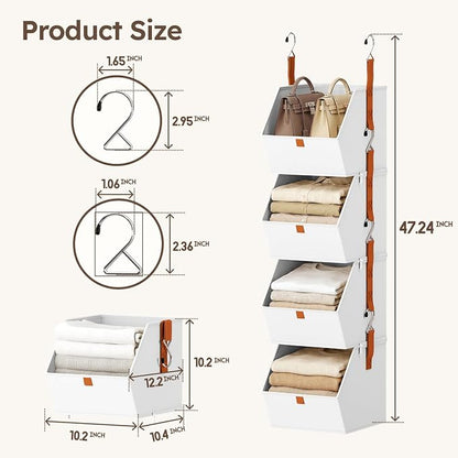 Homsorout Hanging Closet Organizer 4 Tier - Clothes Hanging Shelves, Space-Saving Closet System, Fabric Storage Bins Bedroom Organization, Collapsible Baskets for Home, Dorm, Rv, White