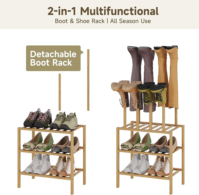Boot Rack for Tall Boots Organizer,3-Tier Multiuse Shoe Rack and Boot Storage Rack,for Tall Boots,Sneakers,High-Heel (Natrual, 3-tier-short)