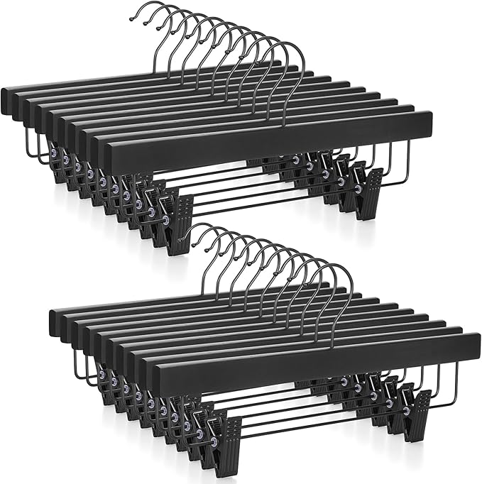 TOPIA HANGER Wooden Pants Hangers 20 Pack, Black Skirt Hanger with Clips and Rotatable Hook, Durable Rubber Wood Hangers for Skirts, Pants, Jeans, Shorts - CTS05B