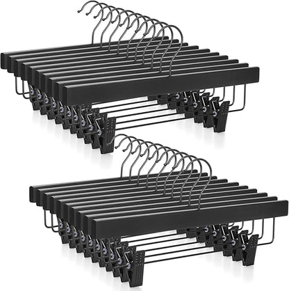TOPIA HANGER Wooden Pants Hangers 20 Pack, Black Skirt Hanger with Clips and Rotatable Hook, Durable Rubber Wood Hangers for Skirts, Pants, Jeans, Shorts - CTS05B