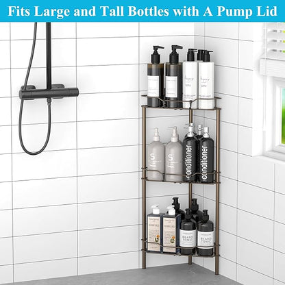 HuggieGems 3 Tier Floor Standing Corner Shower Caddy Organizer Shelf with Hooks, Bathroom Shelves Stand Rack, Bronze