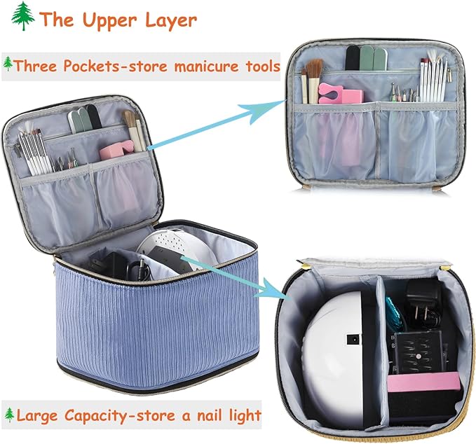 CTWWFS Corduroy Nail Polish Organizer and Nail Lamp Case, Nail Kit Organizer Holds 30 Bottles (15ml - 0.5 fl.oz) and a Nail Lamp, Nail Polish Carrying Case with Manicure Tools Storage Sections (Blue)