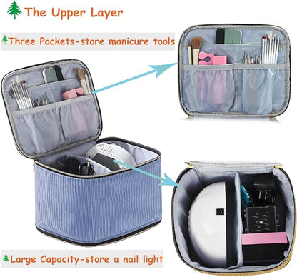 CTWWFS Corduroy Nail Polish Organizer and Nail Lamp Case, Nail Kit Organizer Holds 30 Bottles (15ml - 0.5 fl.oz) and a Nail Lamp, Nail Polish Carrying Case with Manicure Tools Storage Sections (Blue)