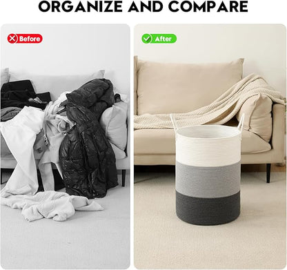 Laundry Basket Hamper Tall Rope Storage Woven for Blanket toys Dirty Clothes in Living Room Bathroom Bedroom (Gradient Grey, 100L/26.4Gal)