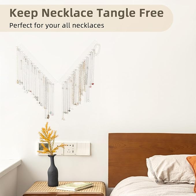 Acrylic Necklace Holder 2 Pack Wall Mounted Necklace Organizer Hanging Jewelry Organizer with 17 Hooks for Necklaces, Bracelets, Rings and Bangles Display (14.17 inch)