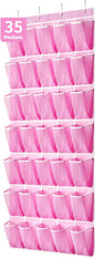 SAVERHO 35 Pockets Over the Door Shoe Organizer, Hanging Shoe Organizer for Door with 35 Mesh Pockets Large Capacity Shoe Hanging Storage Bag with 4 Metal Hooks (Pink-1Pack)