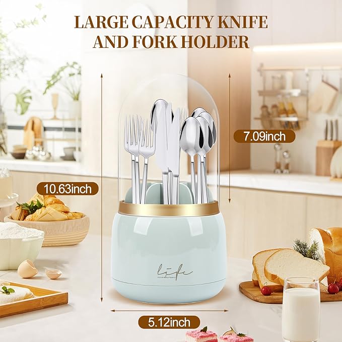 360° Rotating Silverware Utensil Holder for Kitchen Counter, Spoon and Fork Holder with Cover, Cooking Utensil Organizer with 7 Slots and Intermediate Drainage Device for Kitchen Decor(Green)