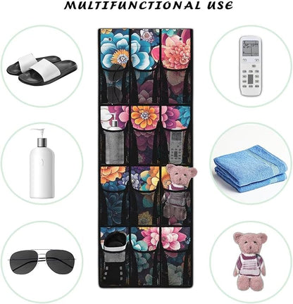 Bohemian Over the Door Organizer with 12 Mesh Pockets - Breathable Design for Bath Towels, Toiletries, Makeup (Waterproof Lining)
