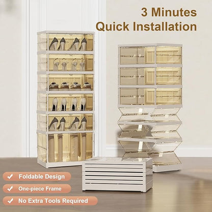 SYNCVIBE Shoe Rack Organizer for Closet Entryway Foldable Sneaker Storage Shoe, Collapsible Shoe Cabinet, Stackable Shoe Storage Cabinet with Lids for Living Room (6 Tiers -12 Pairs Transparent)