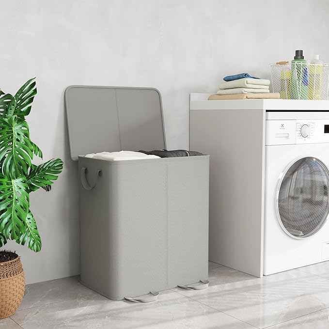 Lifewit Double Laundry Hamper with Lid and Removable Laundry Bags, Large Collapsible 2 Dividers Dirty Clothes Basket with Handles for Bedroom Laundry Room Closet Bathroom College, 155L Silver Gray