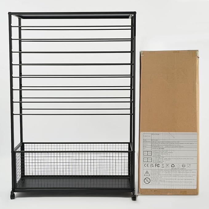 Commercial Ribbon Holder Organizer w/ 16 Rods & Locking Wheels - 59" Mobile Craft Storage for Florists, 4-Tier w/Mesh Basket (Black, 39.37 * 12.6 * 59.06in)