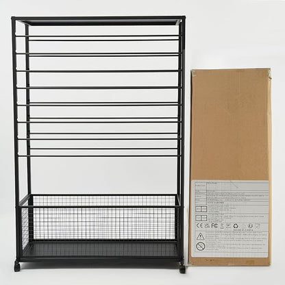 Commercial Ribbon Holder Organizer w/ 16 Rods & Locking Wheels - 59" Mobile Craft Storage for Florists, 4-Tier w/Mesh Basket (Black, 39.37 * 12.6 * 59.06in)