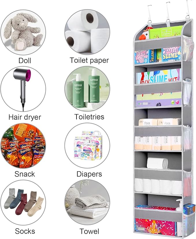 TAHAVICE 2 Pack Over The Door Storage Organizer with 5 Pockets 10 Mesh Side Pockets, 44 lbs Weight Capacity Door Hanging Organizers and Storage for Bedroom,Bathroom,Nursery,Pantry,Dorm(Light Gray)