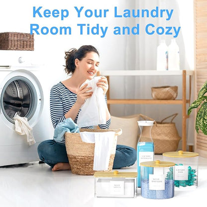 3+1 Pack Laundry Pods Containers & Dryer Sheet Holder & Laundry Detergent Dispenser, Laundry Room Organization and Storage Jars with Lids, Labels and Scoops for Scent Booster, Powder, Pods