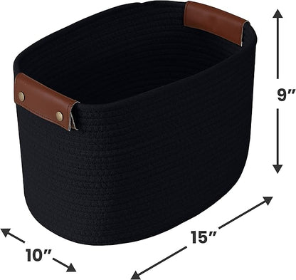 3 Pack Cotton Rope Storage Basket Woven Shelf Storage Bin with Faux Leather Handles, Decorative Closet Shelf Woven Basket for Storage Organizers, 15 x 10 x 9, Black