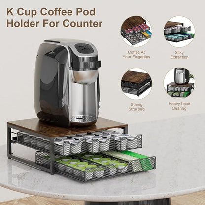 Coffee Pod Holder For Counter, 3 Pull-Out 72 K-Cup Holder Drawer, Wooden Cafe Pods Storage Organizer with Sliding Drawers for Coffee Station, Home, Kitchen, Office, Dorm (Antique Finish)