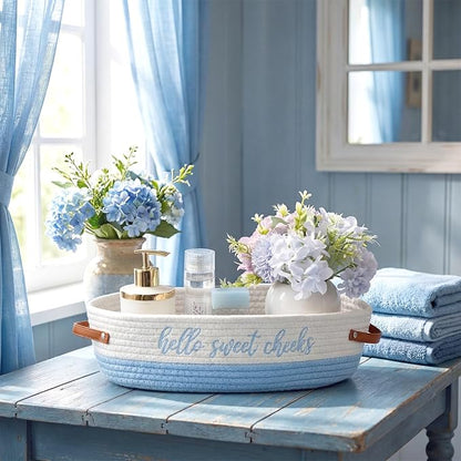 Hello Sweet Cheeks Bathroom Decoration Blue and White Cotton Rope Toilet Basket Toilet Paper Holder Basket Rustic Bathroom Organizer Farmhouse Home Decoration Organizing Small Baskets