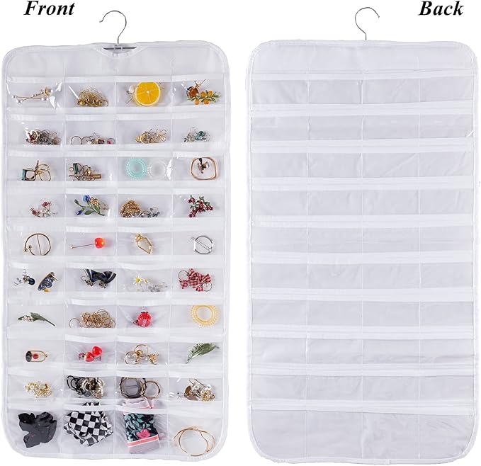 Bloss Hanging Jewelry Organizer, Double Sided 80 Pockets Jewelry Chain Storage Bag 2 Layer of Fabric Jewelry Organizer Holder for Necklace Bracelet Earring Rings - White