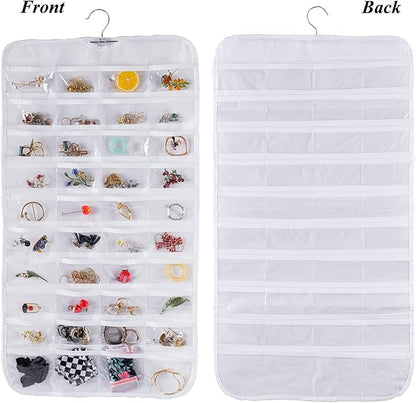 Bloss Hanging Jewelry Organizer, Double Sided 80 Pockets Jewelry Chain Storage Bag 2 Layer of Fabric Jewelry Organizer Holder for Necklace Bracelet Earring Rings - White