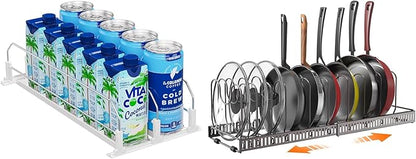 Puricon Drink Organizer for Fridge Pusher Glide Bundle with Expandable Pot and Pan Organizer for Cabinet with 10 Dividers