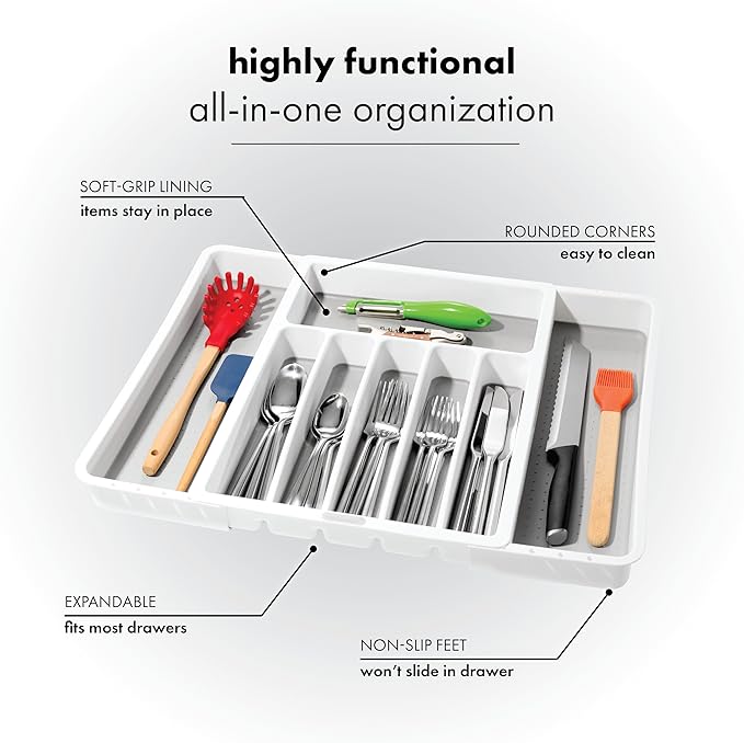 madesmart Silverware White Expandable Tray Classic Collection | 8-Compartments | Icons to Help sort Flatware, Cutlery, Utensils | Soft-Grip Lining | BPA-Free