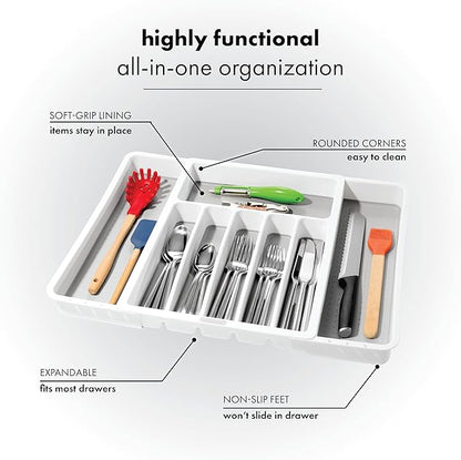 madesmart Silverware White Expandable Tray Classic Collection | 8-Compartments | Icons to Help sort Flatware, Cutlery, Utensils | Soft-Grip Lining | BPA-Free