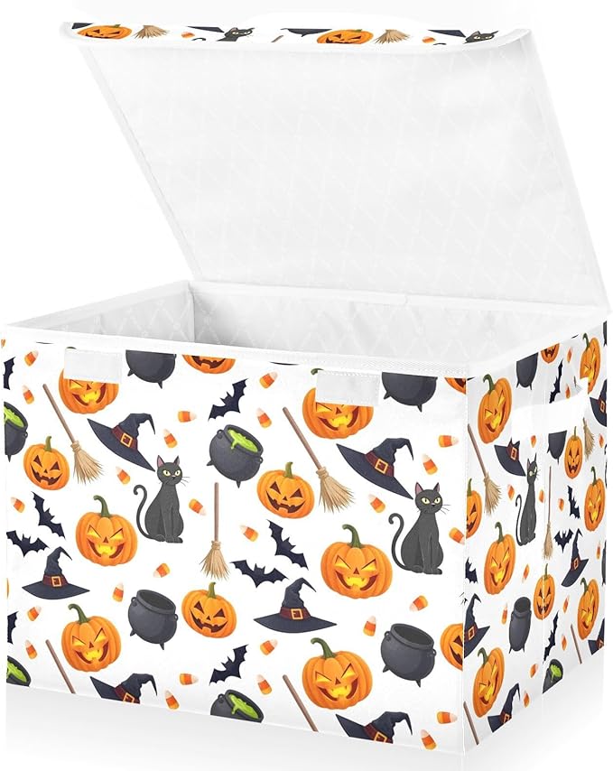 senya Halloween Storage Baskets Collapsible Storage Bins with Lids, Halloween Pumpkin Black Cat Ghost Bat Pattern Storage Boxes Clothes Baskets for Organizing