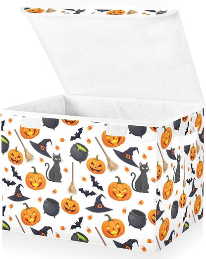senya Halloween Storage Baskets Collapsible Storage Bins with Lids, Halloween Pumpkin Black Cat Ghost Bat Pattern Storage Boxes Clothes Baskets for Organizing