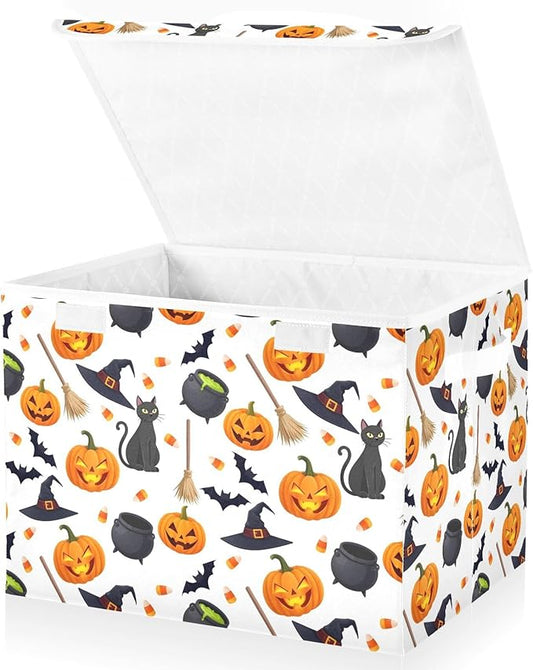 senya Halloween Storage Baskets Collapsible Storage Bins with Lids, Halloween Pumpkin Black Cat Ghost Bat Pattern Storage Boxes Clothes Baskets for Organizing