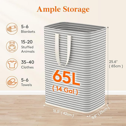 Lifewit 65L Large Collapsible Laundry Hamper, Tall Foldable Dirty Clothes Baskets Waterproof, Freestanding Design with Easy Carry Handles in Dorm Bedroom Bathroom College, Grey