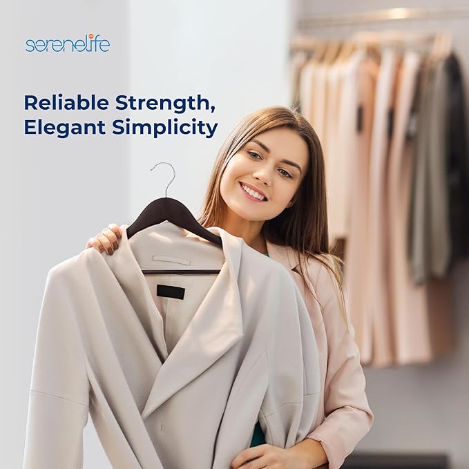 SereneLife 20 Brown Wooden Hangers Non-Slip Heavy Duty Suit and Coat Hanger Set with Chrome 360° Swivel Hooks Notches and Pants Bar Design for Closet Organization Clothes Durable 10 lb Capacity