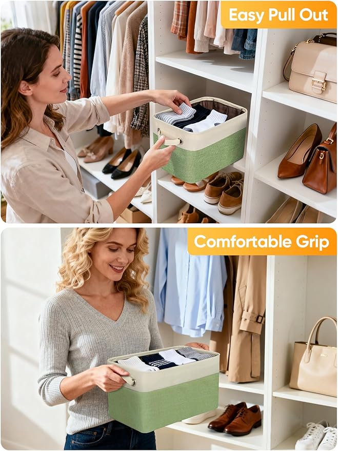 BALEINE 1 Pack Fabric Closet Storage Bins for Shelves, Linen Closet Organizers and Storage, Decorative Baskets for Organizing, Shelf, Clothes, Home, Office (Green, 15''x11''x9.5'')