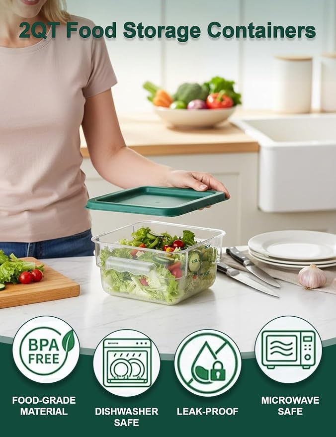 4 Pack 2QT Food Storage Containers with Green Lids, Clear Square Restaurant Commercial Food Storage Containers with Handle and Scale, Marinating Container Dough Rising Bucket for Home & Dining
