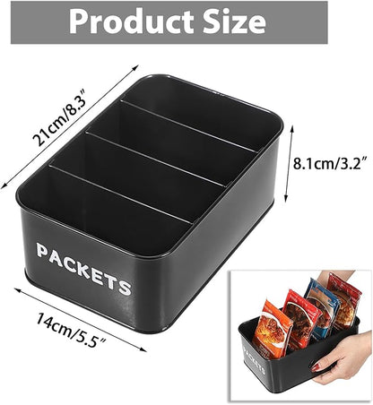 BSTKEY Seasoning Packet Organizer, Food Storage Organizer with Divided 4 Compartments, Metal Storage Caddy for Kitchen Pantry Cabinet, Kitchen Organization Bin for Snacks Spice Packets, Black