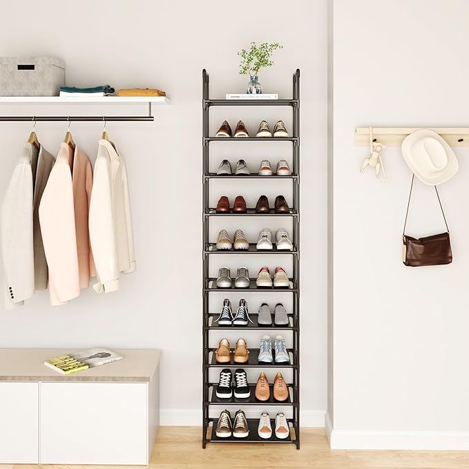 10-Tier Tall Shoe Rack for Closet, Entryway, Adjustable Sturdy Durable Shoe Shelf,Narrow Shoe Stand Organizer (18" W×10" D×72.8" H,Black)