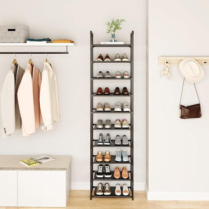 10-Tier Tall Shoe Rack for Closet, Entryway, Adjustable Sturdy Durable Shoe Shelf,Narrow Shoe Stand Organizer (18" W×10" D×72.8" H,Black)
