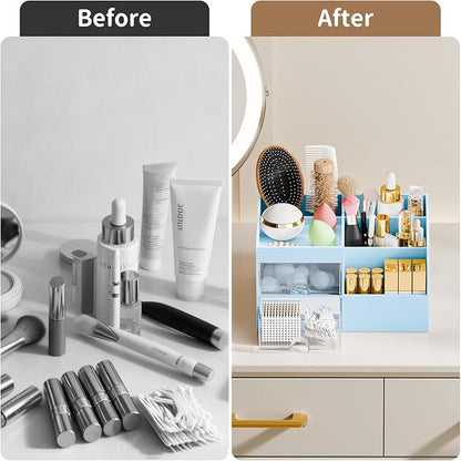 Makeup Organizer with 2 Drawers, Makeup Organizers Countertop for Vanity and Bathroom, Make up organization and Skincare Storage with Brush Holder, for Dresser, Desktop, Cosmetic Display Case (Blue)
