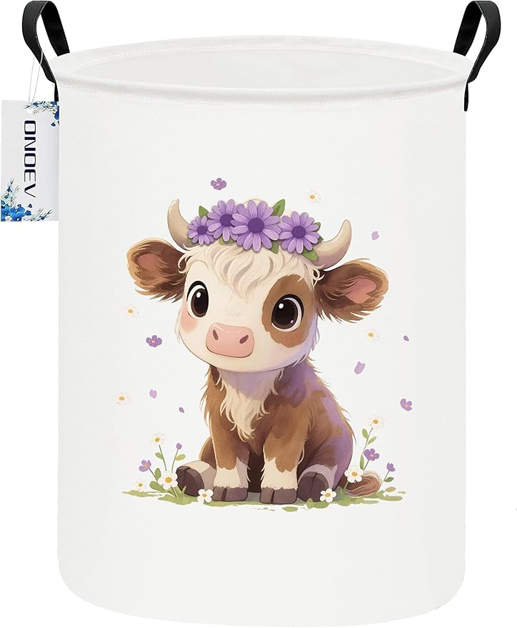 Round Cow Laundry Basket,Collapsible Laundry Hamper for Nursery,Cute Highland Cow Toy Storage Bin for Kids,Waterproof Storage Basket for Home,Bedroom,Playroom,New Parent Gift (Cute calf)