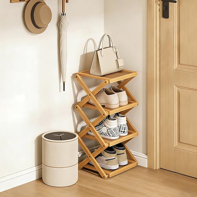 YYW Shoe Rack, Foldable Bamboo Shoes Shelf, Freestanding Shoe Storage Organiser for Entryway, Bedroom, Closet, Hallway - Functional, Natural Shoe Rack (Original, 4 Layers)