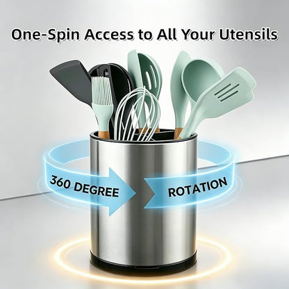 LIBODOUR Kitchen Utensil Holder Extra Large 360°Rotating For Counter Organizer Stainless Steel Storage Cooking Silverware Caddy 3 Compartment Flatware Spoon Spatula Tool Cutlery Container（Silvery）
